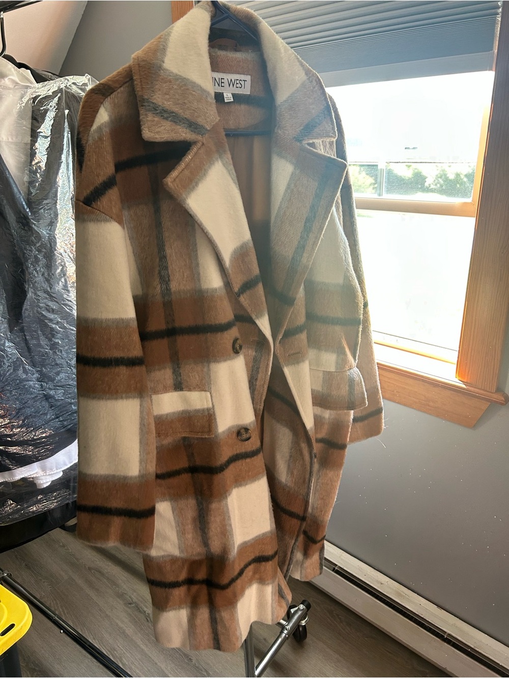 Nine West Tan & Cream Plaid Wool-Blend Pea Coat